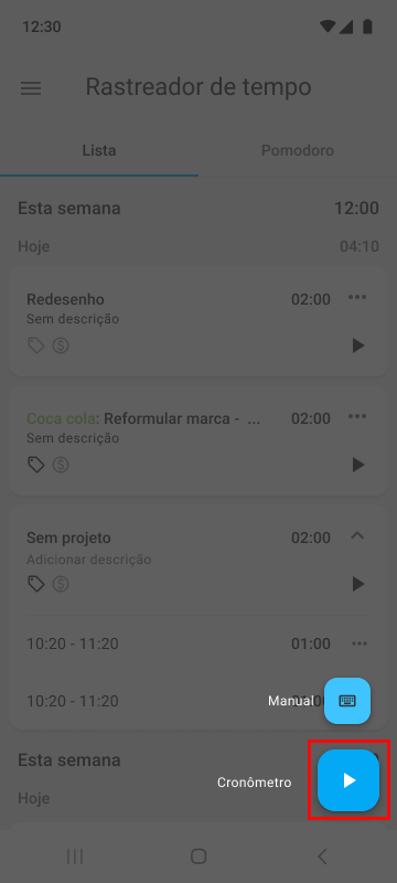 Iniciando o cronômetro no aplicativo móvel do Clockify