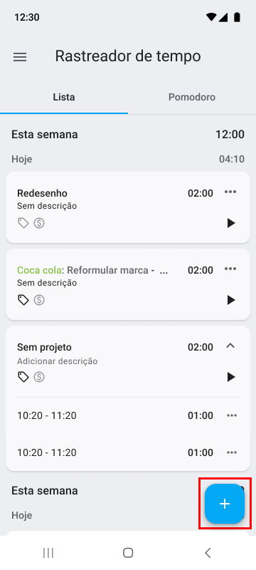 Adicionando uma nova entrada de tempo no aplicativo móvel do Clockify