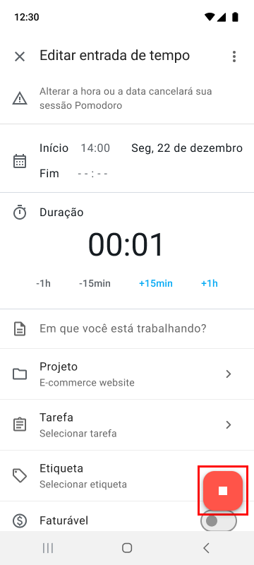 Editando detalhes de entrada no aplicativo móvel do Clockify