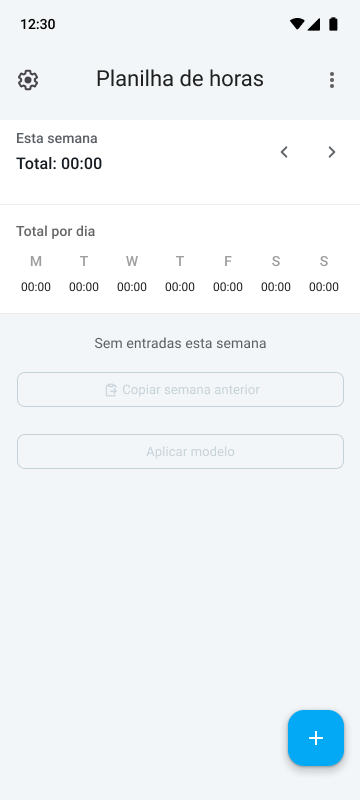 Visualização da planilha de horas no aplicativo móvel do Clockify