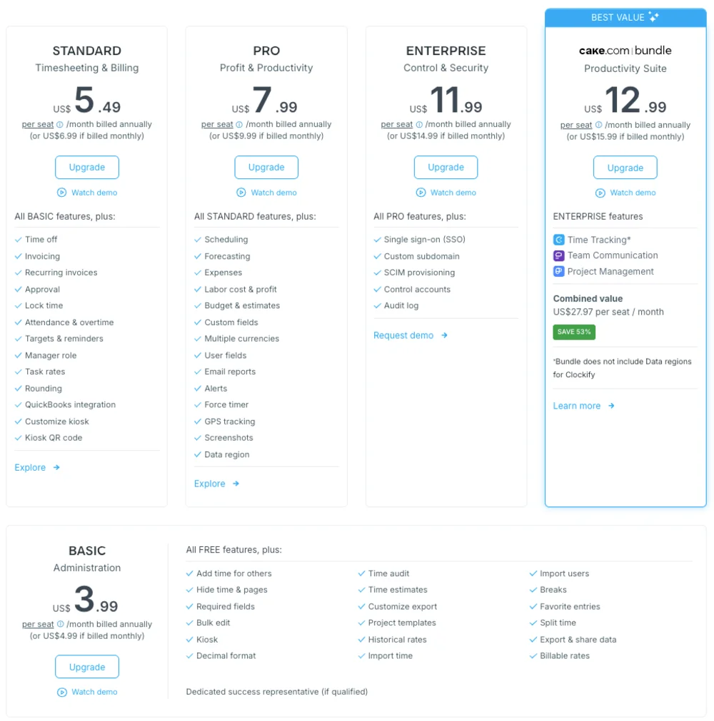 Choose between 5 paid plans in Clockify
