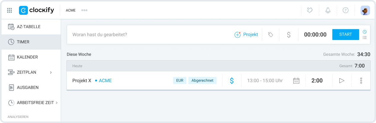 Ausgabenliste in Clockify