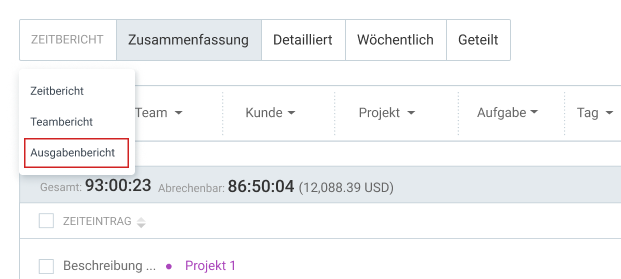 Ausgabenbericht in Clockify