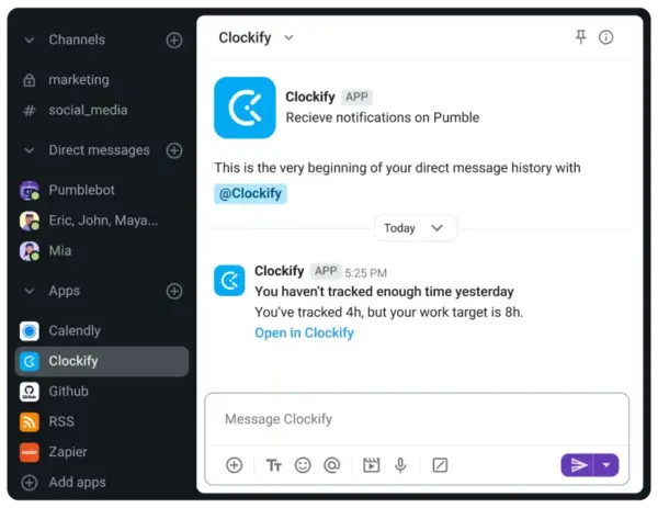 Receive time tracking reminders in Pumble