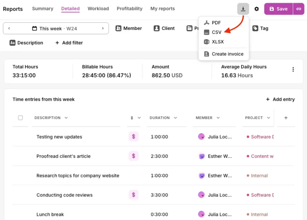 Save your team's tracked time in the CSV format