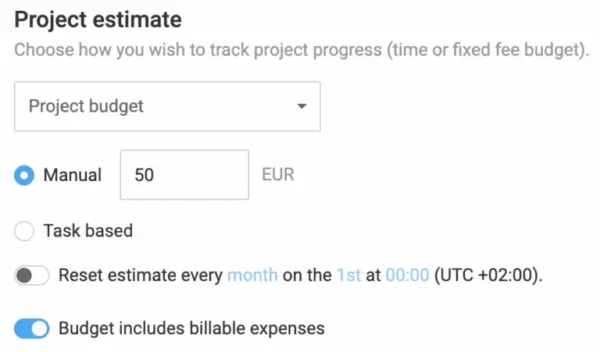 Setting budget estimates in Clockify