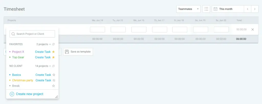 Showing favorite projects in Timesheets