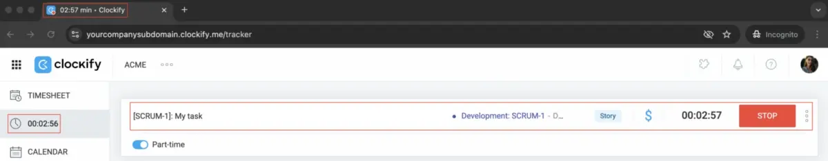 Stop tracking time on a Jira issue by clicking the Stop button
