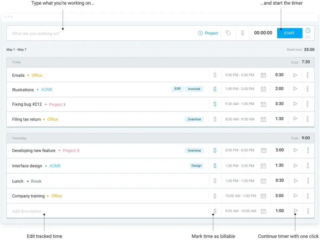 Time tracking in Clockify