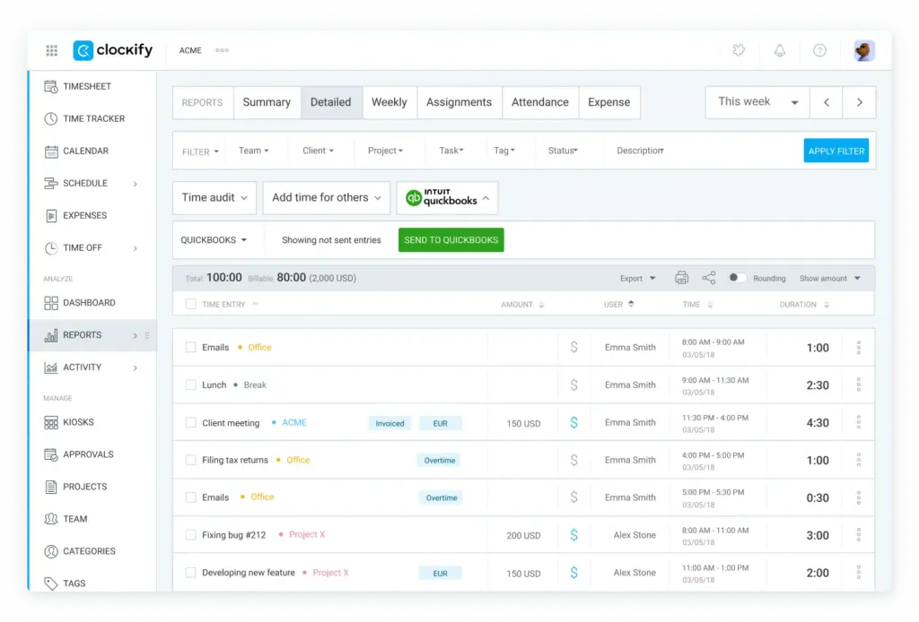 Track direct and indirect costs with Clockify and QuickBooks