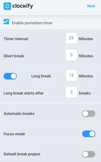 Clockify Pomodoro timer settings