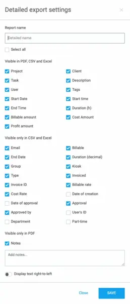 Detailed report export settings in Clockify