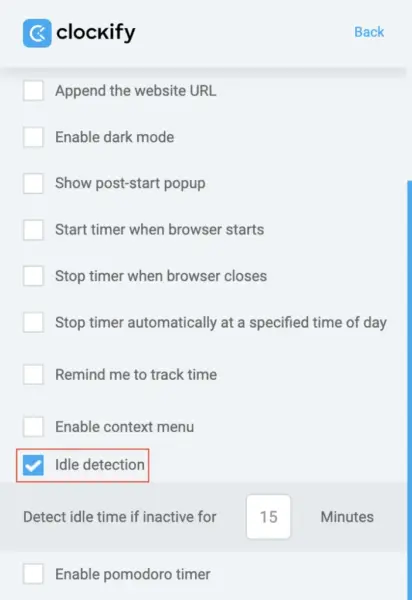Enabling idle detection in Clockify