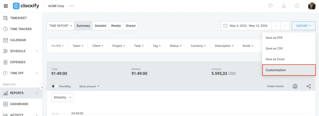 Export customization in Clockify