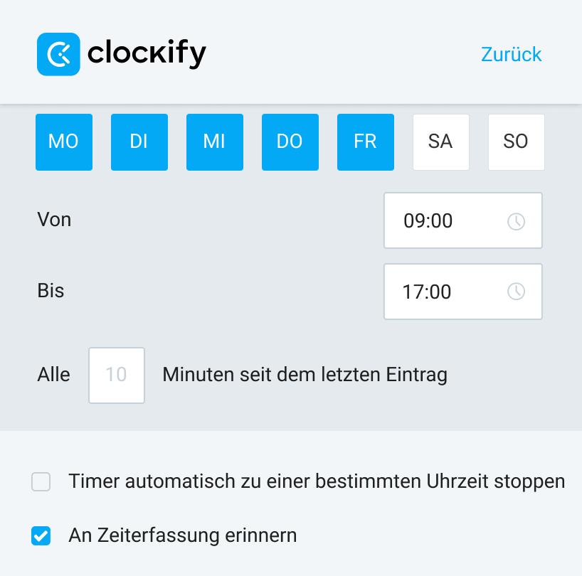 Option „An Zeiterfassung erinnern“ in Clockify