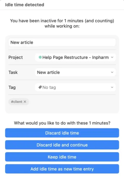 Idle time detected pop-up in Clockify