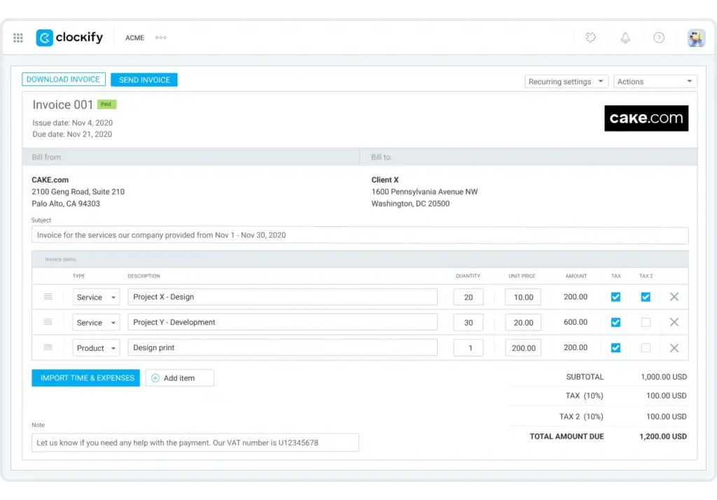 Invoicing in Clockify