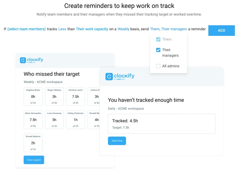 Reminder settings in Clockify