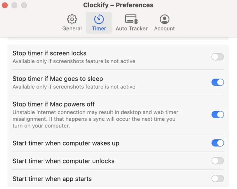 Start/stop timer options in the Clockify Mac app