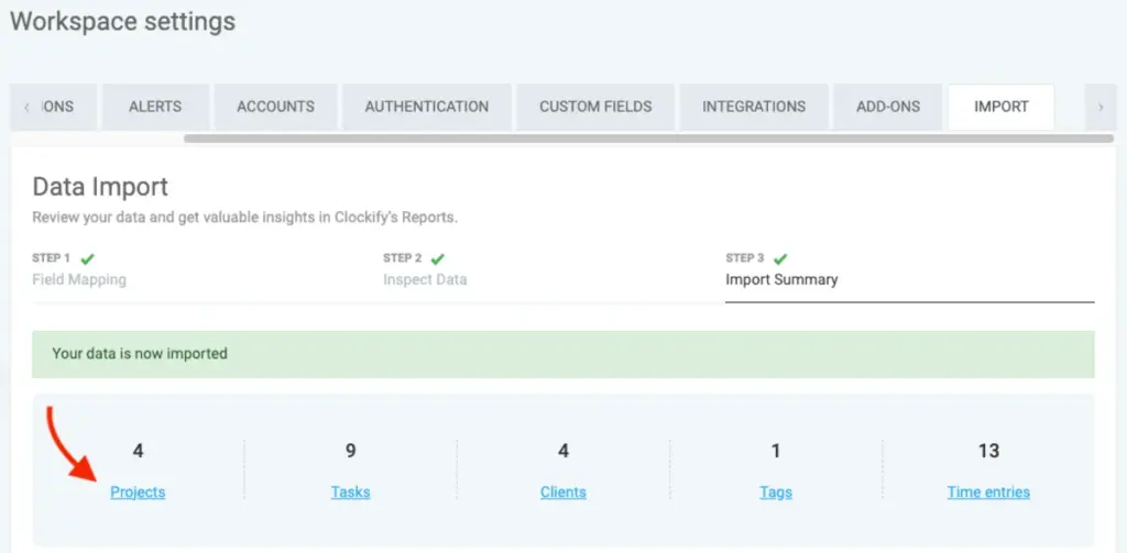 Successful import in Clockify