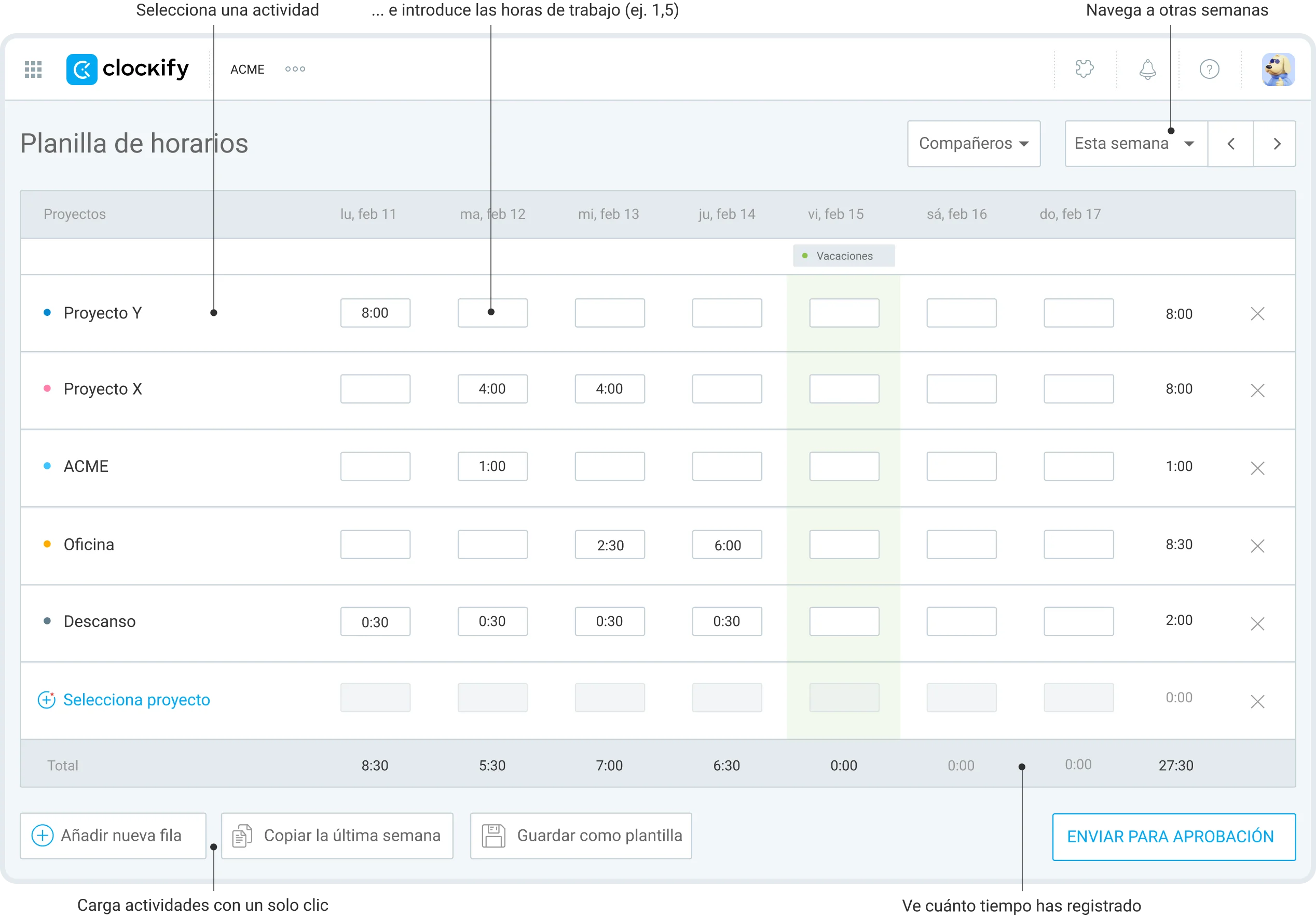 Planilla de horarios de Clockify