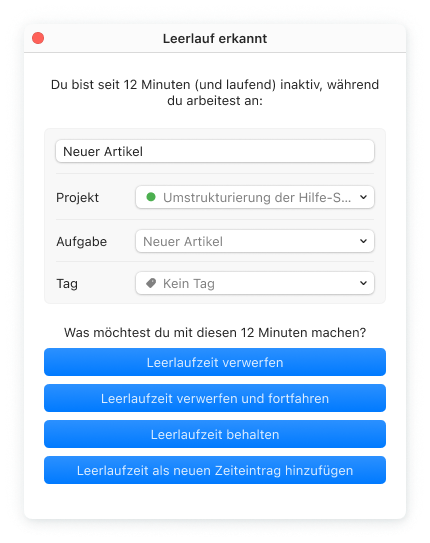 Benachrichtigung über Leerlaufzeit in Clockify