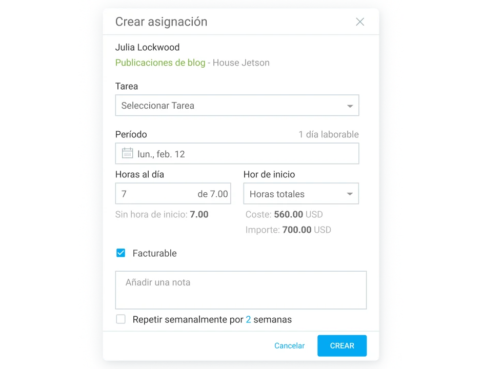 Crea asignaciones en Clockify