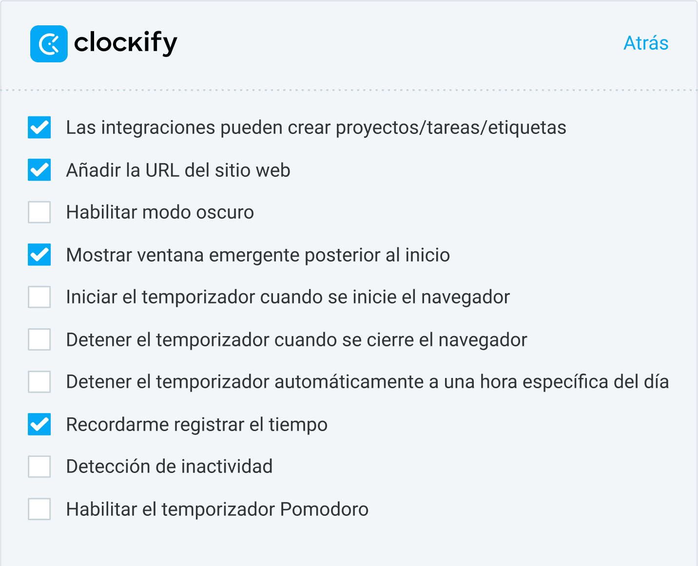 La opción Recordarme registrar el tiempo en Clockify