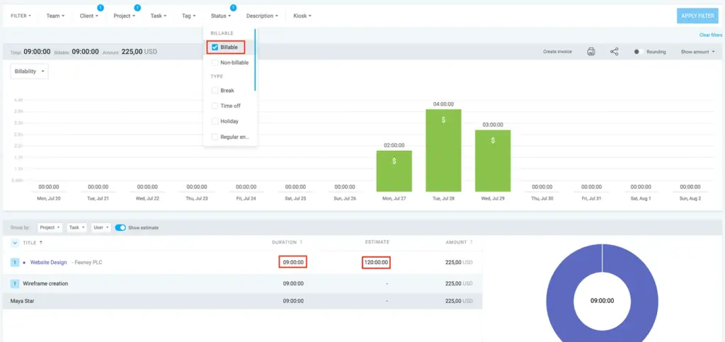 Check your total billable hours tracked on a project