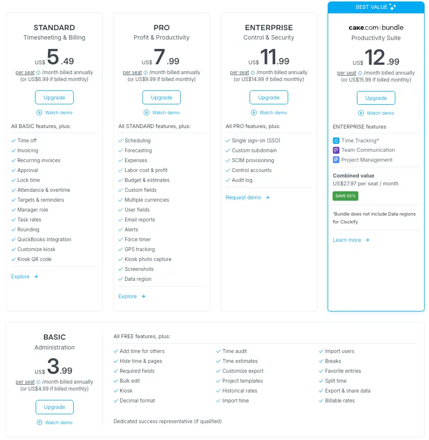 Clockify plan pricing and features