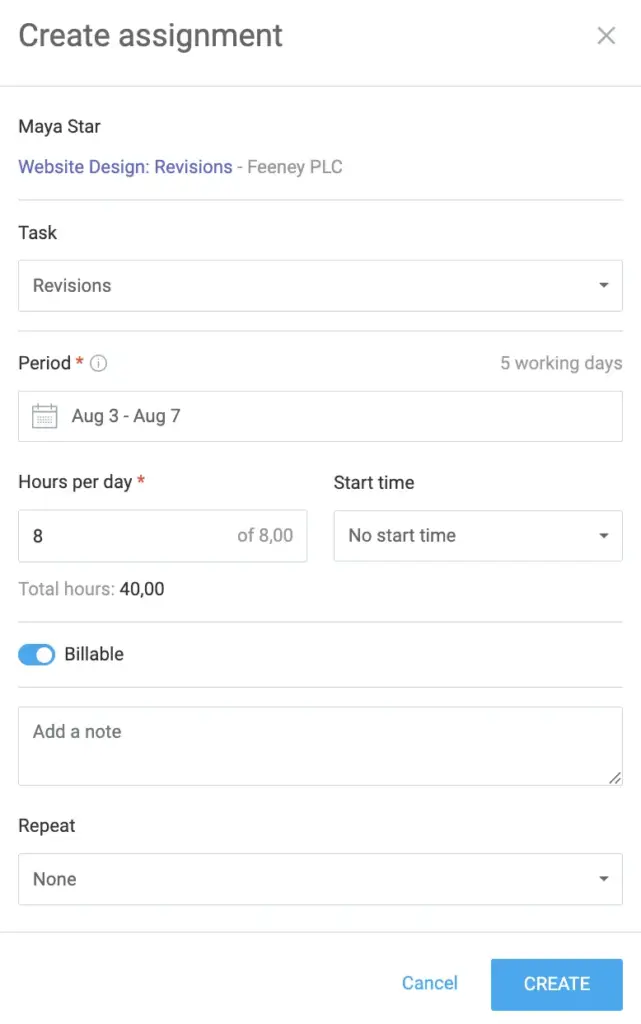 Creating an assignment in Clockify