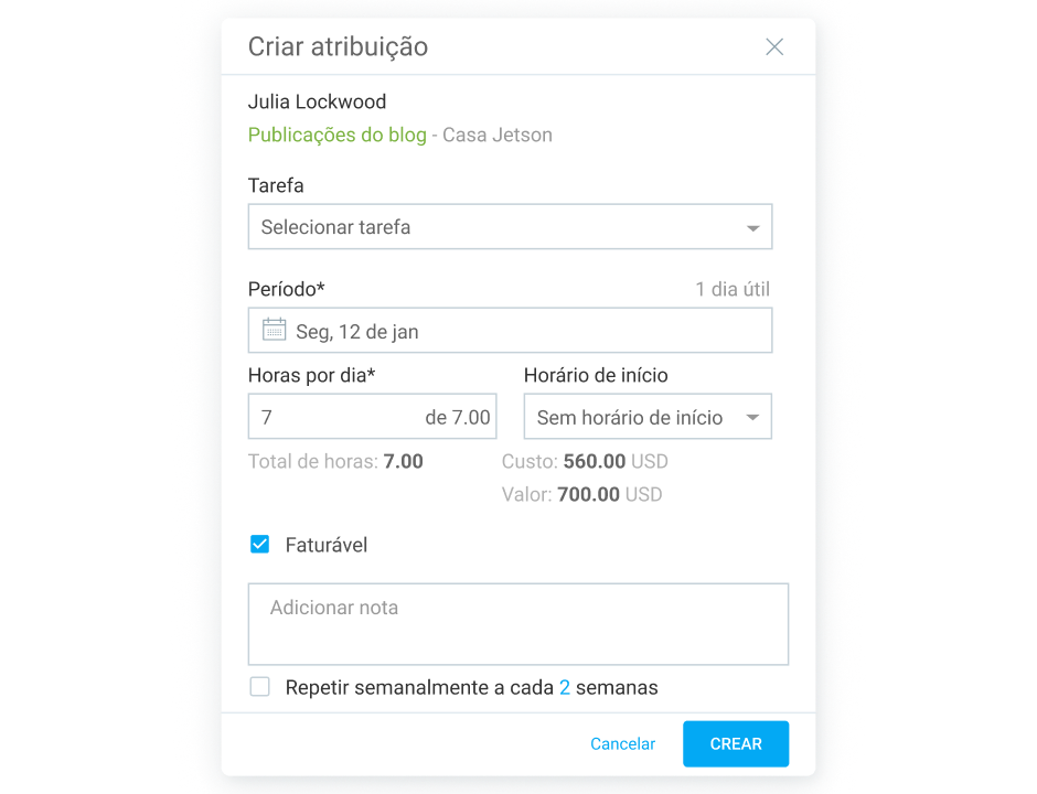 Criando atribuições no Clockify