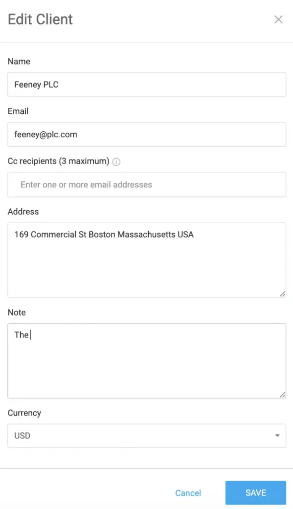 Editing client info in Clockify