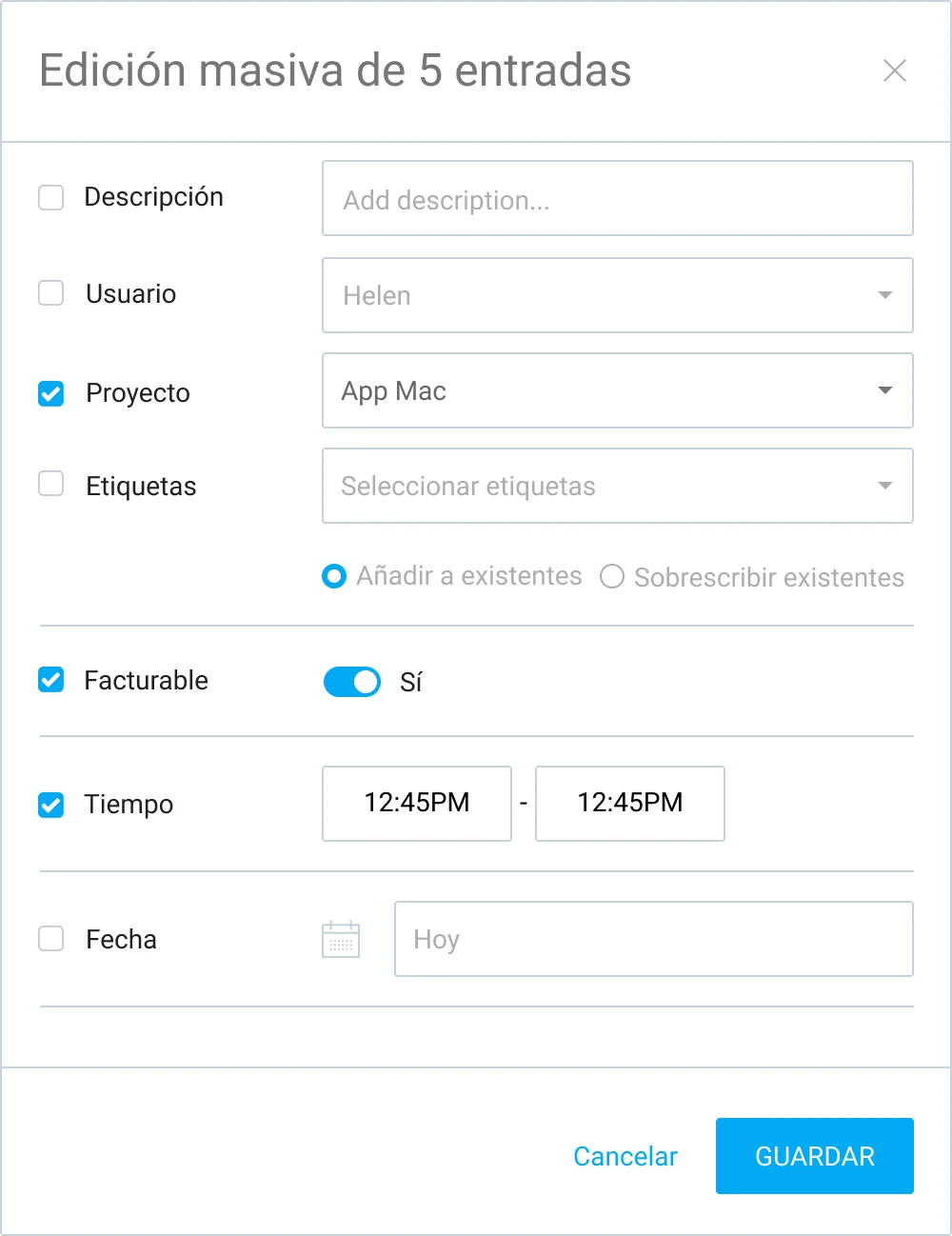 Edición masiva en Clockify