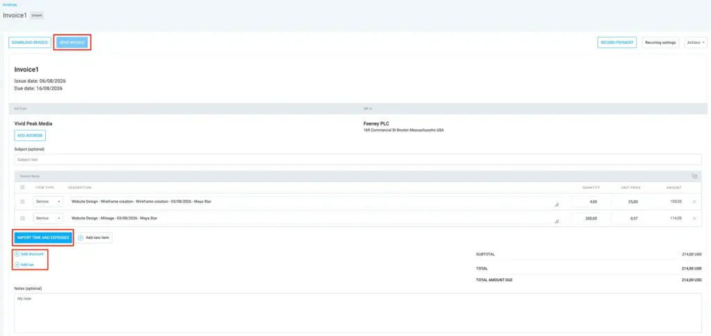 Invoice for the Feeney PLC client, with billable tasks and the additional expense for the business trip