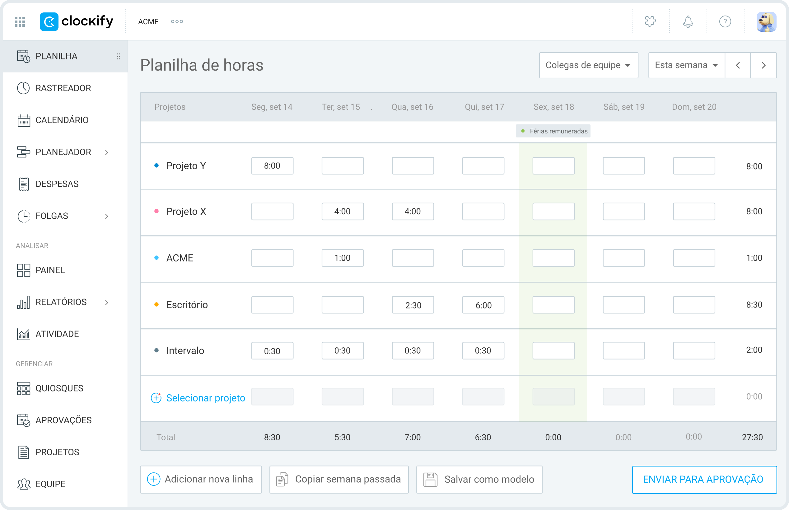 Planilhas de horas do Clockify