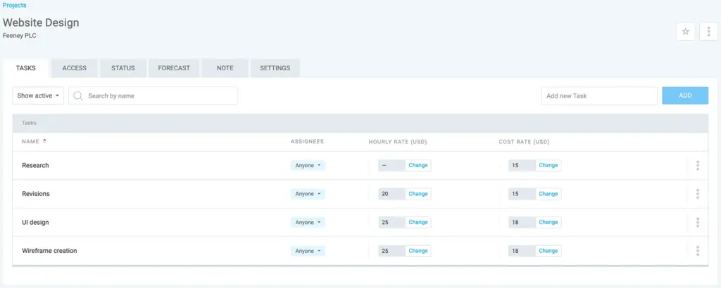 Project Website Design has 4 tasks, each with its own billable and cost rates (Research only has a cost rate since it’s not billable)