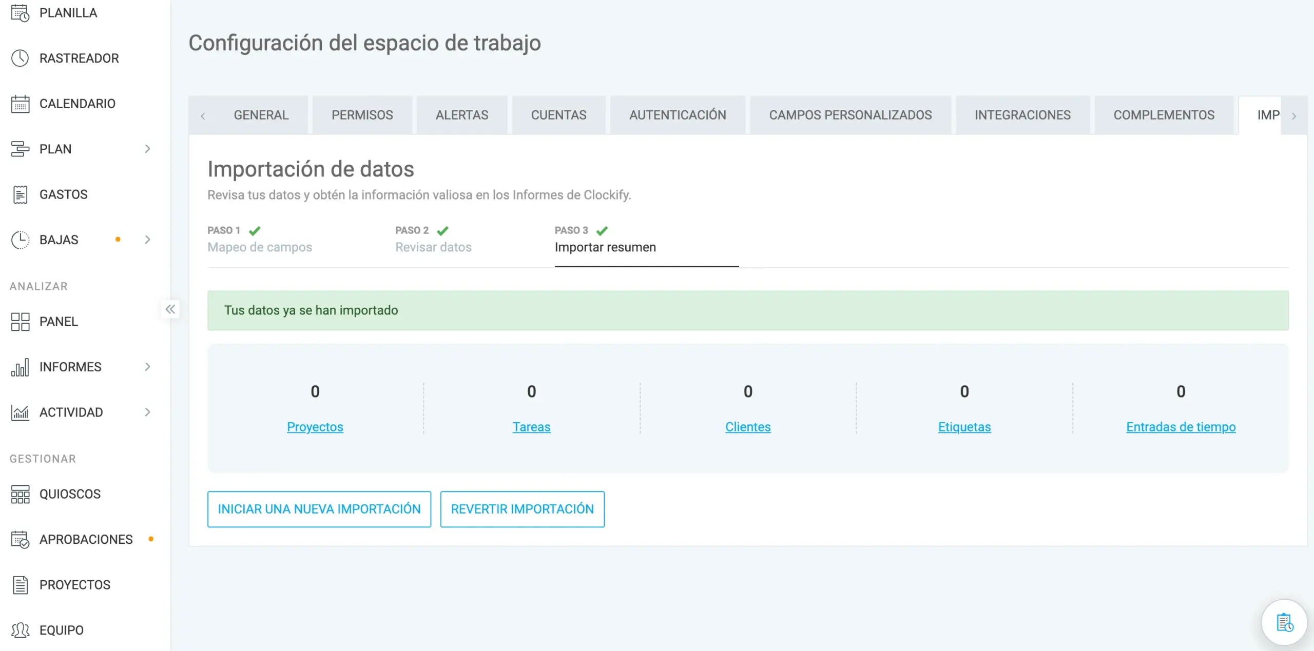 Importación exitosa a Clockify