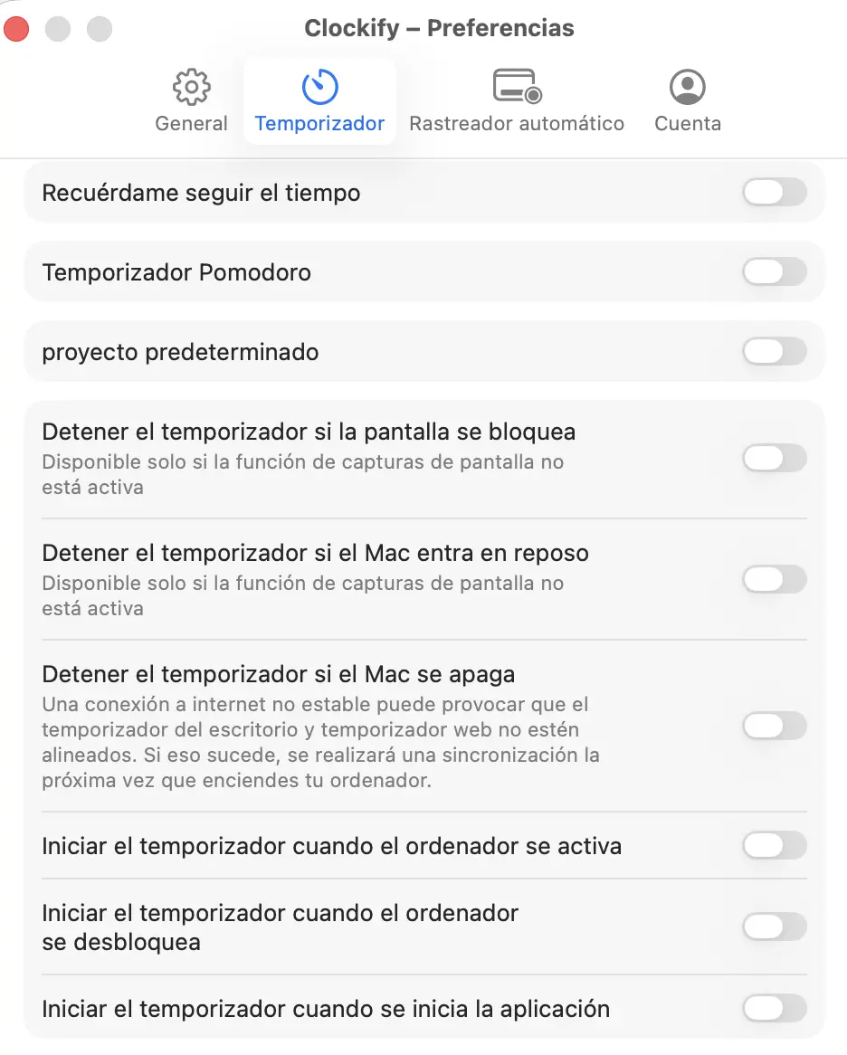 Inicia/detén el temporizador en la app Clockify para Mac