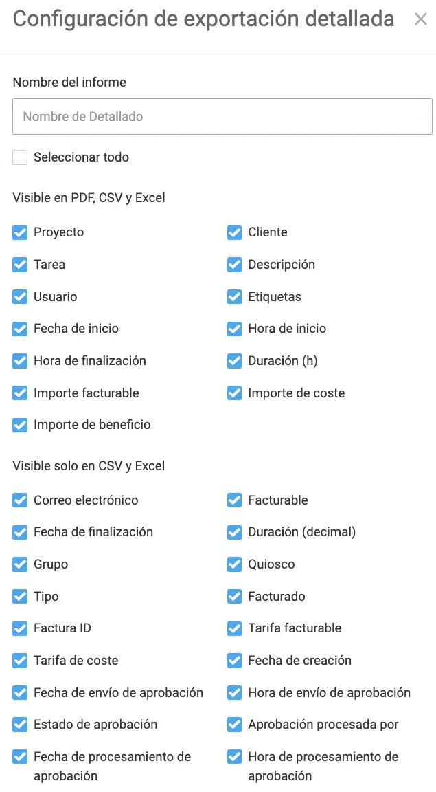 Configuración de exportación de Informe Detallado en Clockify