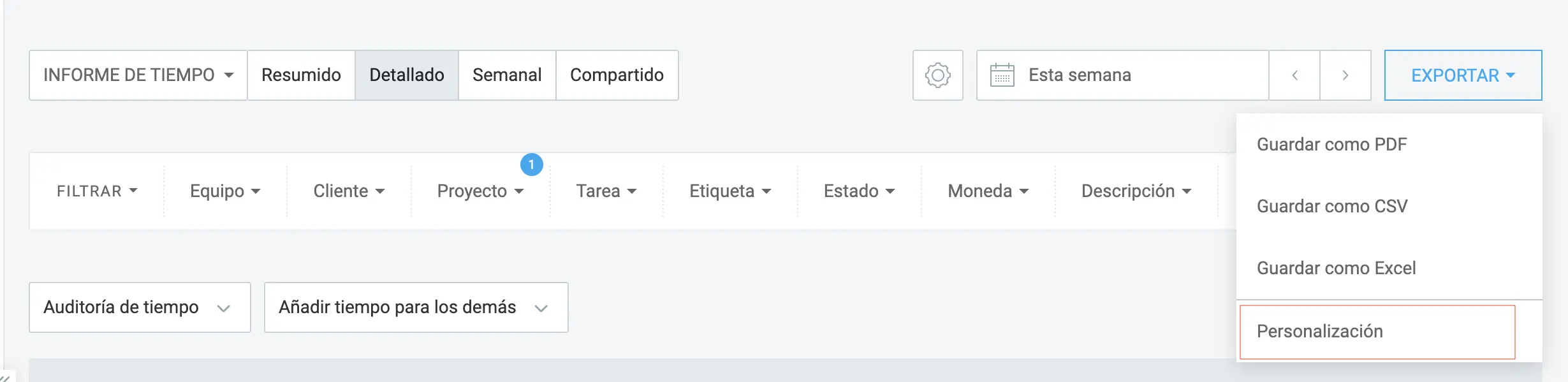 Personalización de exportaciones en Clockify