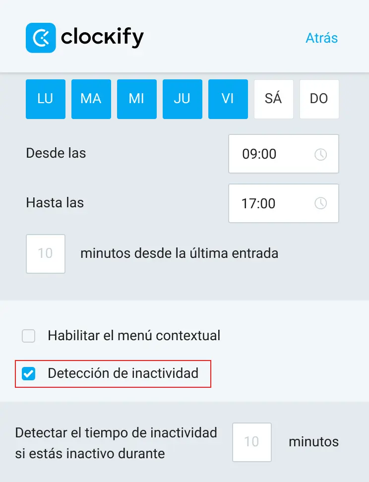 Habilita la detección de inactividad en Clockify