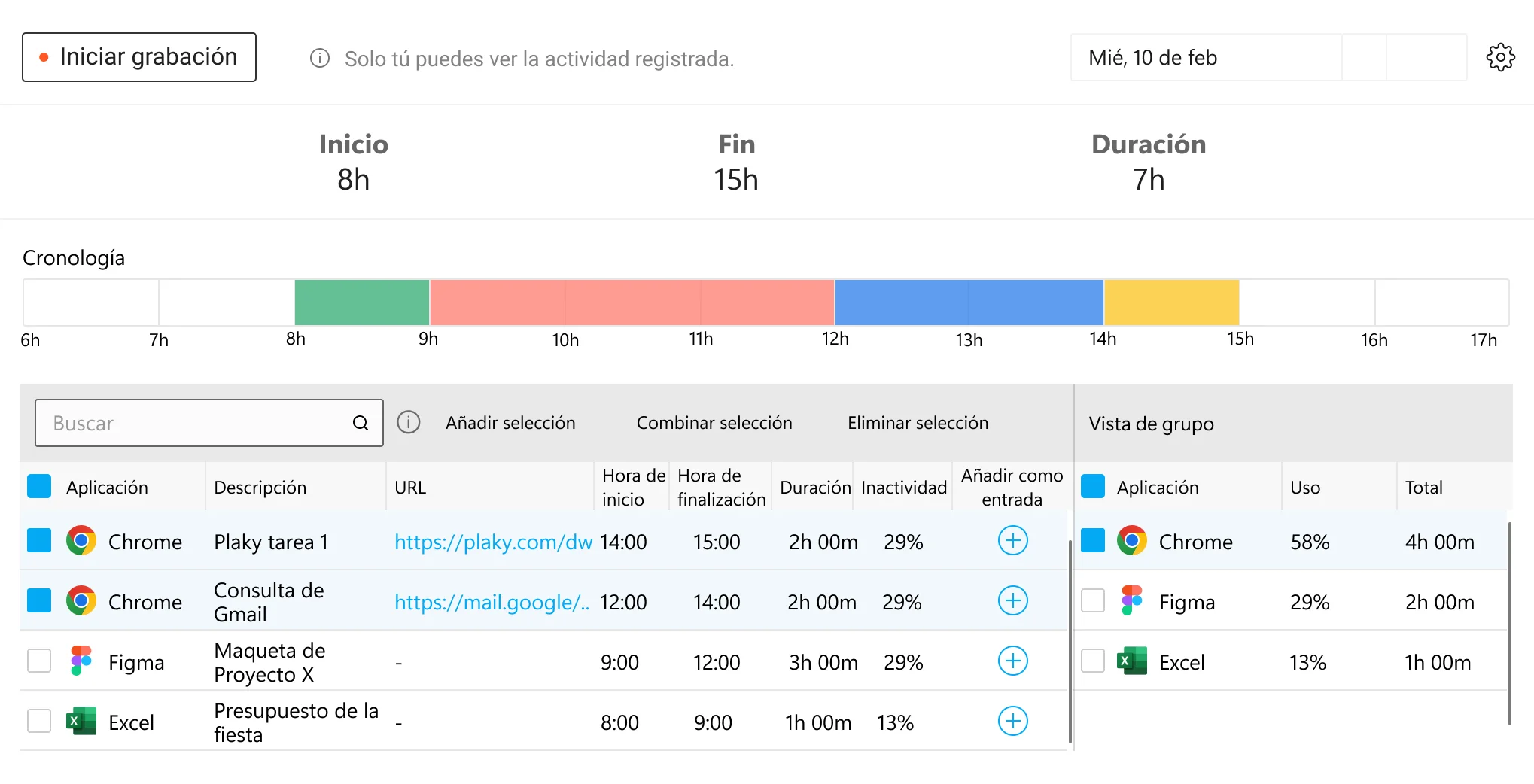 Utiliza el Rastreador automático para registrar el tiempo dedicado a sitios web, aplicaciones y archivos