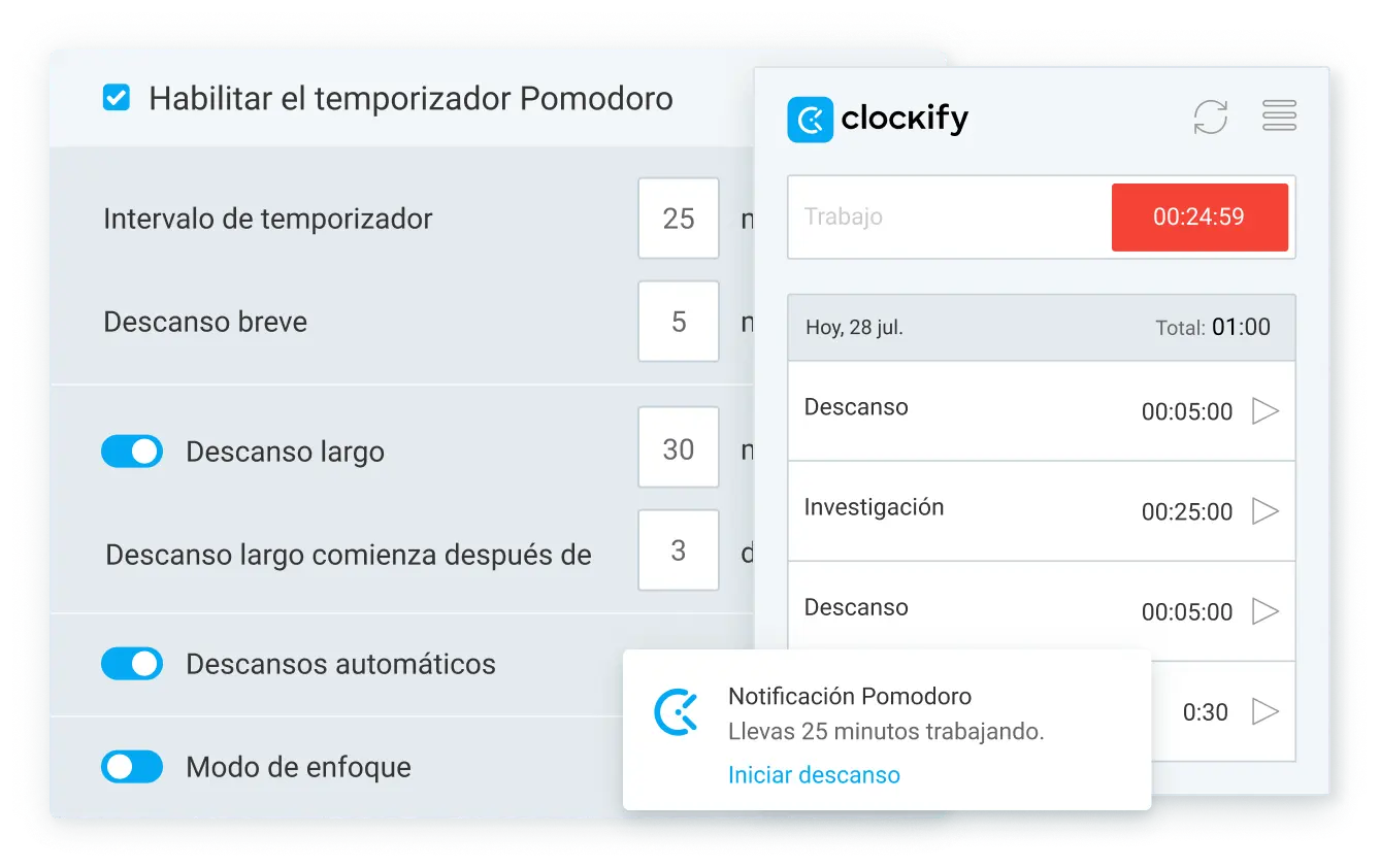 Configuración del temporizador Pomodoro de Clockify