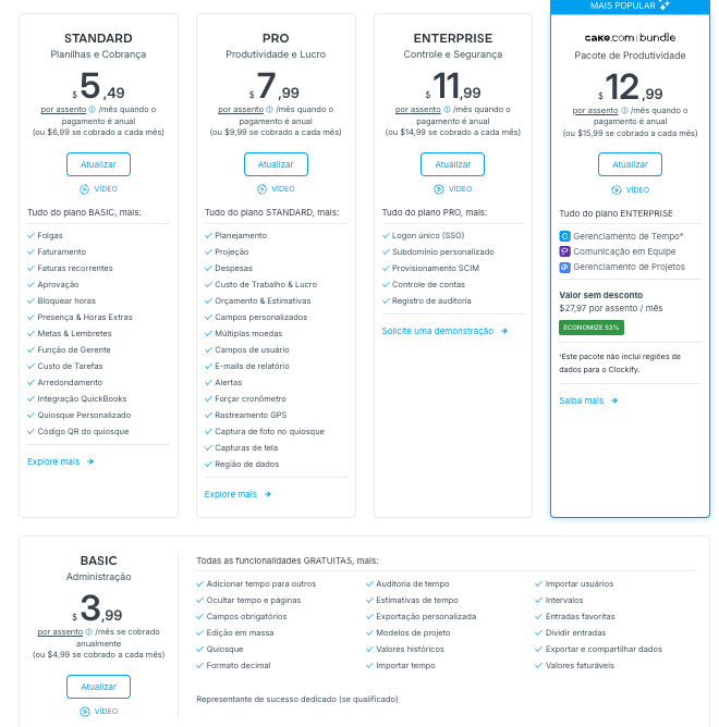 Escolha entre cinco planos pagos no Clockify