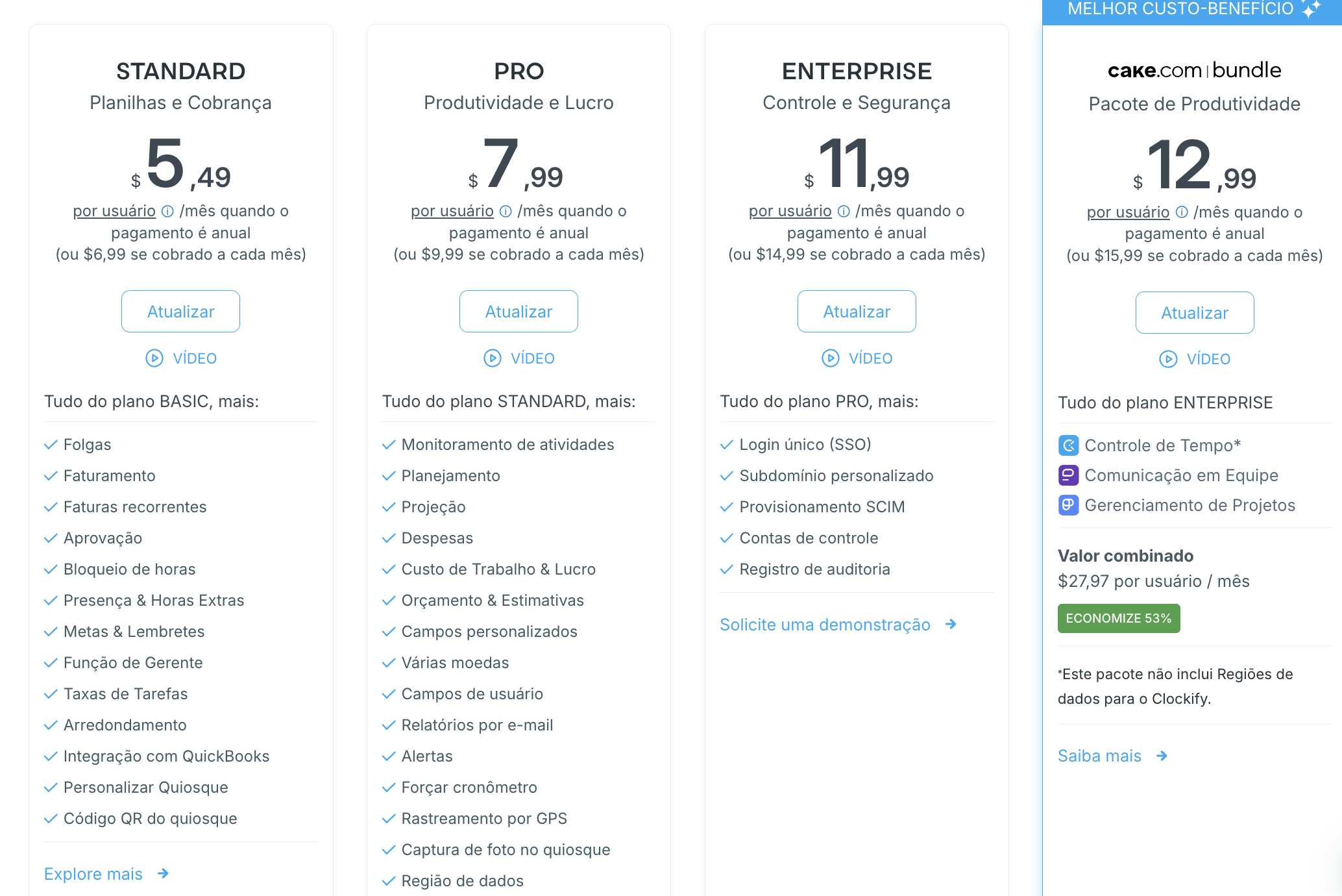 Plano de preços do Clockify