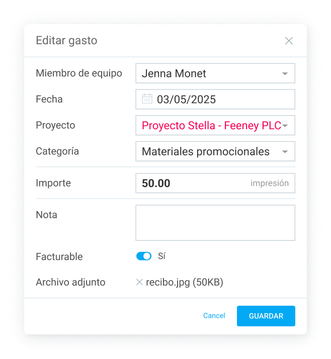Crea un gasto en Clockify