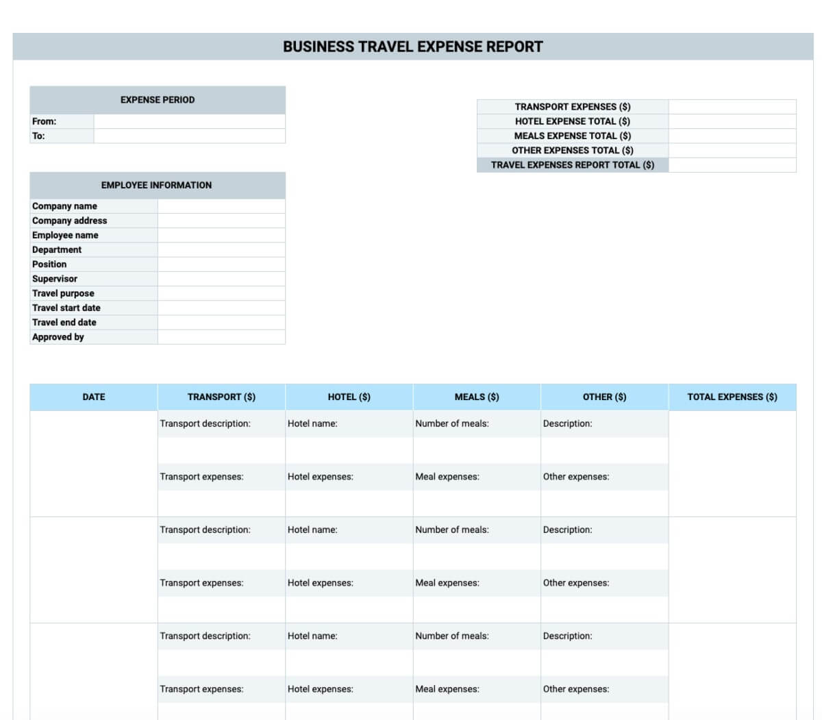 Preview of the Business Travel Expense Report Template